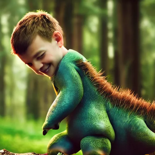 Prompt: young boy riding a cute little dinosaur with long fur, portrait, pixar style, forest background, cinematic lighting, award winning creature portrait photography