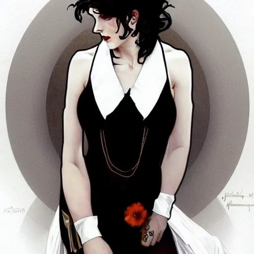 Image similar to beautiful portrait of androgynous ruby rose as desire from sandman in a white tuxedo!!!, rockabilly style, by alphonse mucha, cedric peyravernay, by jeremy mann, by frank moth, white suit and black tie, soft lightning, high detailed, 8 k