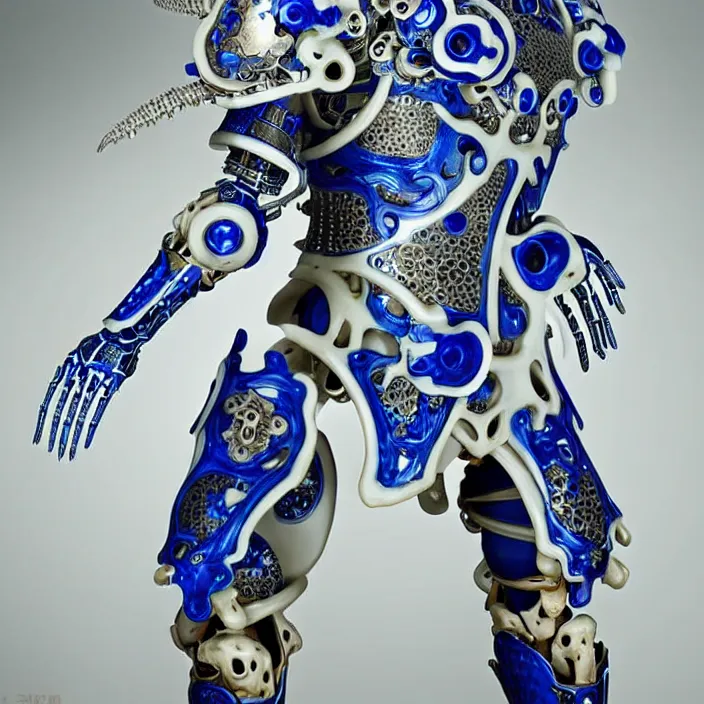 Prompt: bone cyborg armor, chinese blue and white porcelain 1 4 th century, diffuse lighting, fantasy, intricate, elegant, highly detailed, lifelike, photorealistic, digital painting, artstation, illustration, concept art, smooth, sharp focus, art by john collier and albert aublet and krenz cushart and artem demura and alphonse mucha