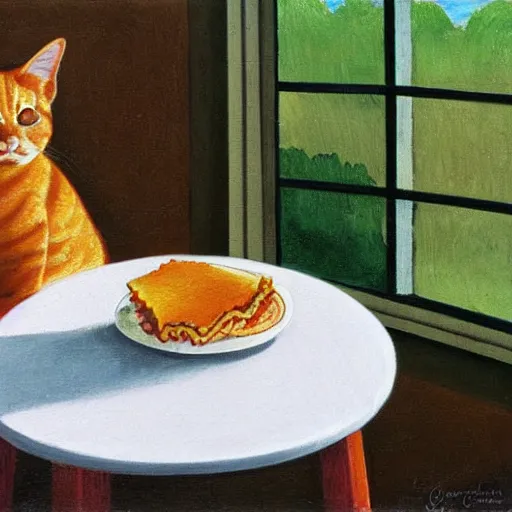 Image similar to fat orange tabby cat eating lasagna on a table, afternoon, by grant wood, neighborhood outside window