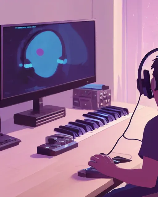 Prompt: man with headphones at his home studio producing music late at night, very detailed, 4 k, cory loftis, james gilleard, atey ghailan, makoto shinkai, goro fujita, studio ghibli, rim light, exquisite lighting, clear focus, very coherent
