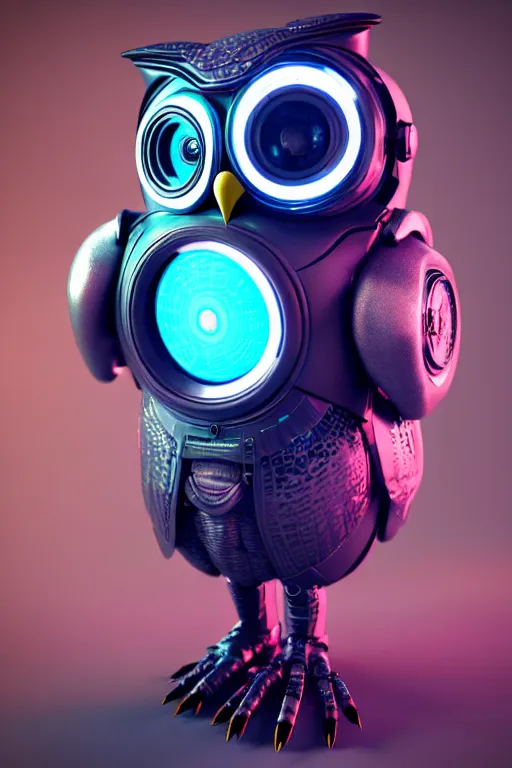 Image similar to high quality 3 d render very cute cyborg owl! with boombox!, cyberpunk highly detailed, unreal engine cinematic smooth, in the style of blade runner & detective pikachu, hannah yata charlie immer, moody light, low angle, uhd 8 k, sharp focus