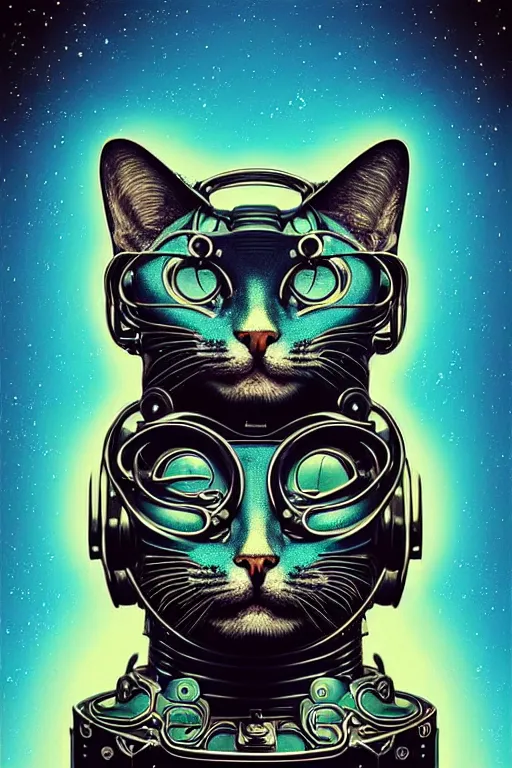 Prompt: retro cat robot, large metal mustache, animal, muted colors, nebula background, glowing blue green eyes, detailed realistic surreal retrowave robot in full regal attire. face portrait. art nouveau, symbolist, visionary, baroque, giant fractal details. horizontal symmetry by zdzisław beksinski, gears, alphonse mucha. highly detailed, hyper - real,