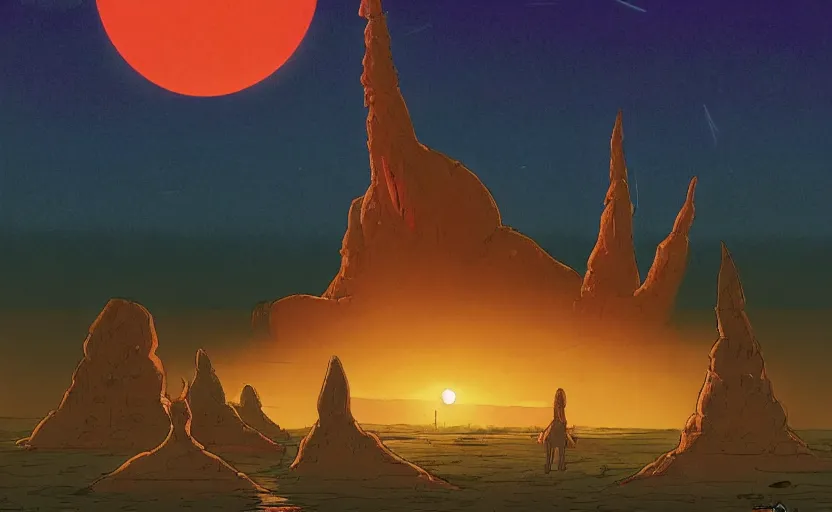 Prompt: a realistic cell - shaded studio ghibli concept art from paprika ( 2 0 0 6 ) of a cubic multi - colored rocketship from close encounters of the third kind ( 1 9 7 7 ) in a flooded monument valley stonehenge jungle jungle on a misty starry night. a camel caravan is in the foreground. very dull colors, portal, hd, 4 k, hq