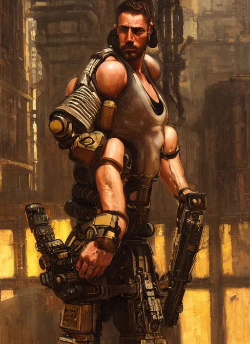 Prompt: weightlifter with super large robot arms. cyberpunk mercenary in a military vest ( blade runner 2 0 4 9, cyberpunk 2 0 7 7 ). orientalist portrait by john william waterhouse and james gurney and theodore ralli and nasreddine dinet, oil on canvas. cinematic, hyper realism, realistic proportions, dramatic lighting, high detail 4 k