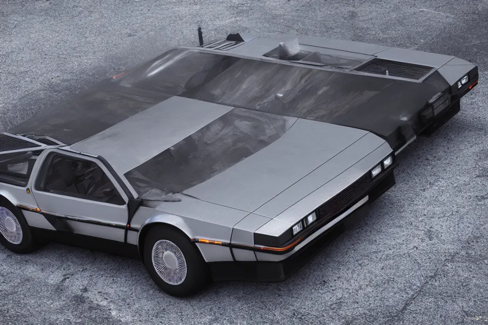 Image similar to ultra realistic delorean dmc 5, dark cinematic, volumetric, realistic, 3 d render, realistic render, cinematic lighting, volumetric lighting, atmospheric, cinematic, unreal engine 5, unreal engine render, octane render, hd, photorealism, hyper realistic, photo, 8 k