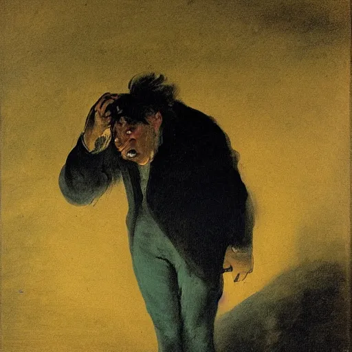 Prompt: A man having a nightmare about leaving his car lights on, by Francisco Goya