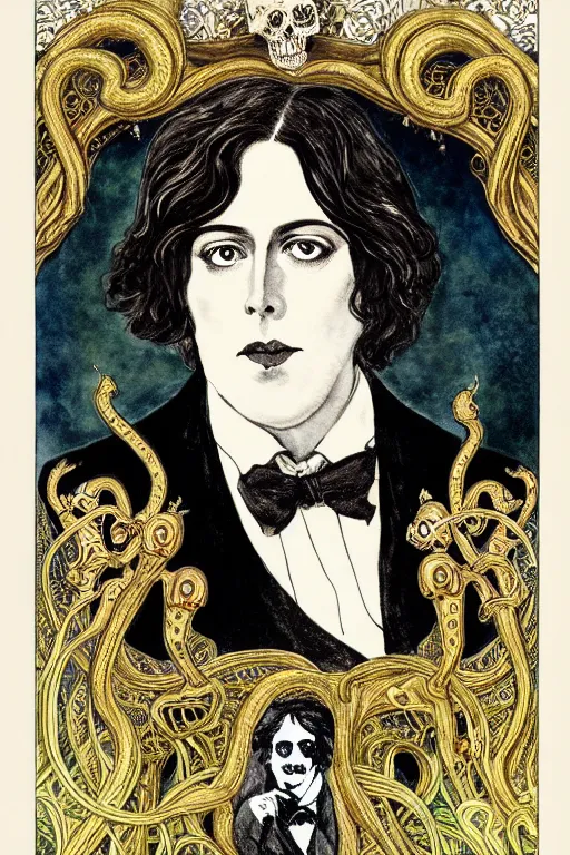 Image similar to realistic portrait of oscar wilde in the center of an ornate rococo frame with skulls and snakes, detailed art by kay nielsen and walter crane, illustration style, watercolor