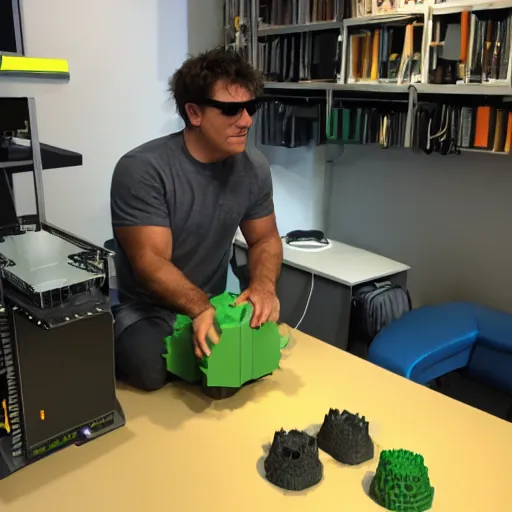 Image similar to the hulk tinkering with his new 3d printer