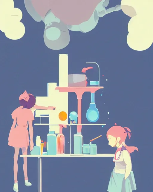 Image similar to a little girl is doing a science experiment. clean cel shaded vector art. minimalist illustration art by lois van baarle, artgerm, helen huang, petros afshar by makoto shinkai and ilya kuvshinov, rossdraws