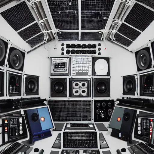 Prompt: giant speaker system and music studio in the interior of an international space station. modular synthesizers. photorealistic 35mm 4k cgsociety