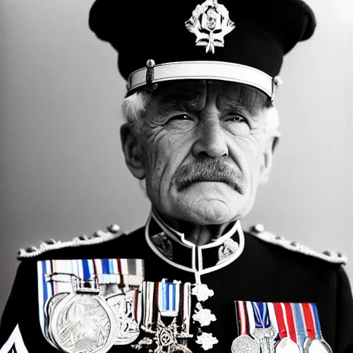 Image similar to his majesty the king, a gruff man in his late 8 0 s with a stern look and flowing white hair, his military uniform filled with medals, black and white photography, kodak retina i, 3 5 mm, photo taken 1 9 3 3