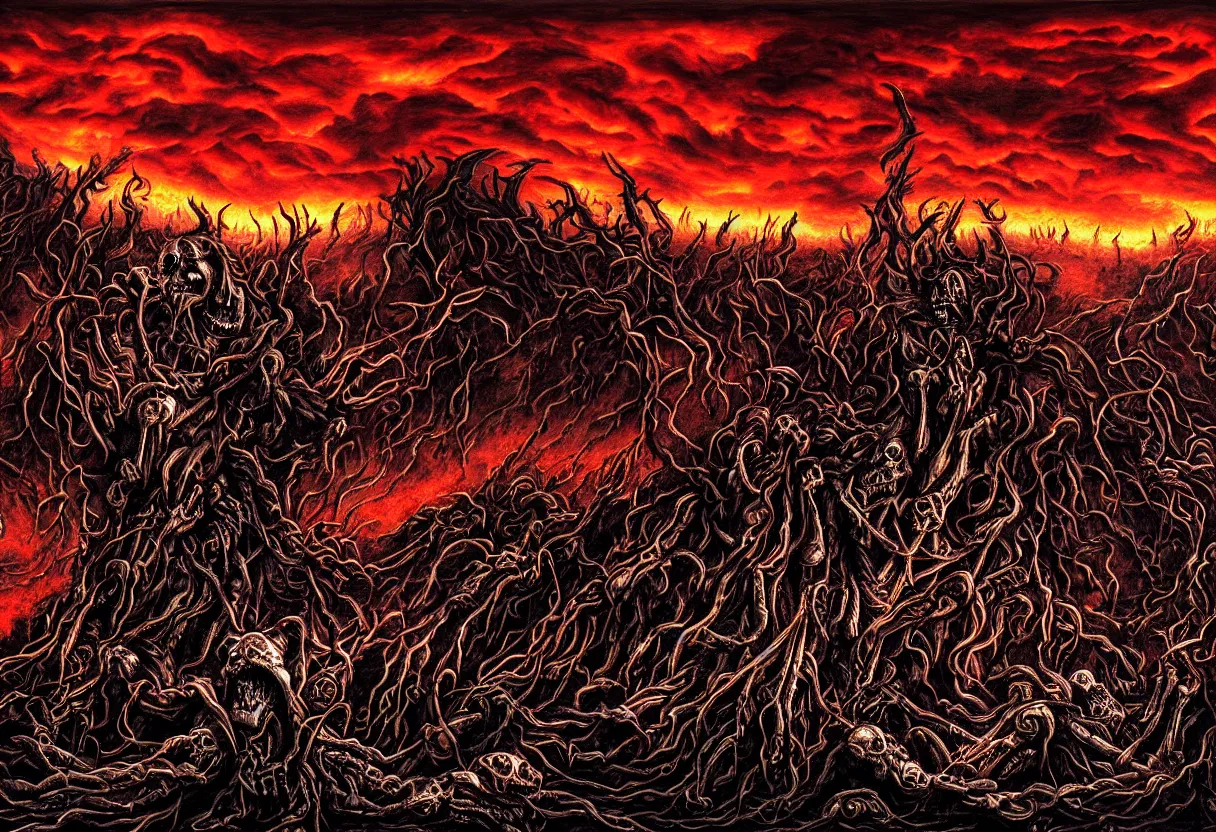 Prompt: dark burning sky with suffering shadows of dead humans with arms outstretched towards the sky, crushed souls under machines of hate, rivers of blood, nuclear waste, hell fire , under the eye of evil and monstruos alien god, blood incantation, revelation of death, radiation, sickness, disease, plague, fantasy, intricate, elegant, highly detailed, digital painting, artstation, concept art, smooth, sharp focus, octane render, dramatic lighting, volumetric lighting, cinematic lighting, art by artgerm and greg rutkowski and alphonse mucha and wlop
