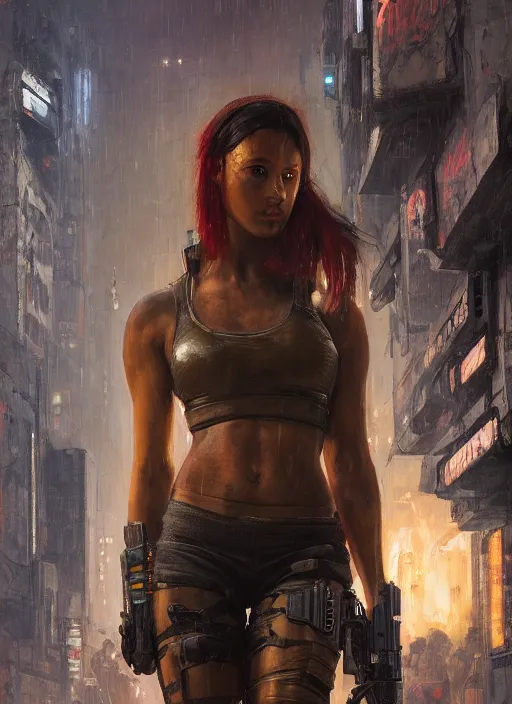 Prompt: 👩🏾🏭. cyberpunk mercenary in a military vest ( blade runner 2 0 4 9, cyberpunk 2 0 7 7 ). orientalist portrait by john william waterhouse and james gurney and theodore ralli and nasreddine dinet, oil on canvas. cinematic, hyper realism, realistic proportions, dramatic lighting, high detail 4 k