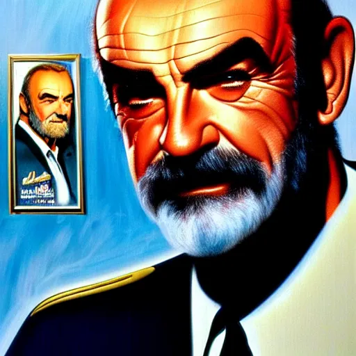 Prompt: portrait sean connery soft light, by drew struzan, inspired by sky captain and the world of tomorrow, fine sharp high detail,