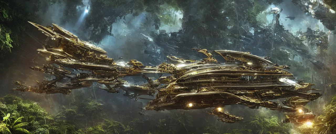 Image similar to a large futuristic scientific flying steampunk battleship elegant, smooth, ornate with gold trimmings, by Craig Mullins and Scott Robertson large steampunk space port inside a lush rainforest background by Dylan Cole and federico pelat cinematic dappled lighting, hyper detailed hyper detailed, 8k, ultra realistic, cinematic lighting, ultra wide 35mm lens