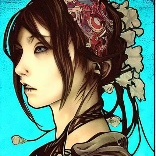 Prompt: manga skull portrait girl female skeleton realism hyperrealistic art Nintendo akira Scarlett Johanson and will cotton alphonse mucha pop art nouveau