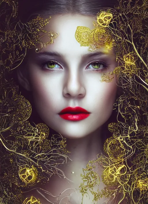 Prompt: glowing silver and golden elements, full close-up portrait, beautiful female portrait model from shutterstock as a dark witch, book cover, green forest, white moon, red lips, establishing shot, extremly high detail, photo-realistic, cinematic lighting, pen and ink, intricate line drawings, by Yoshitaka Amano, Ruan Jia, Kentaro Miura, Artgerm, post processed, concept art, artstation, matte painting, style by eddie, raphael lacoste, alex ross