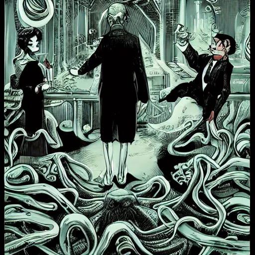 Image similar to Cthulhu as a modern day business man with a family and a drug and gambling addiction, necronomicon is the family Bible , Junji Ito and Greg rutkowski, psychedelic , 50s style infomercial , award winning , retro futuristic