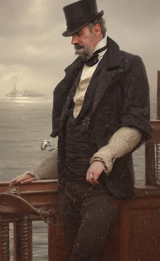 Image similar to Portrait of a victorian gentleman on the deck of a ship, male, detailed face, 19th century, highly detailed, cinematic lighting, digital art painting by greg rutkowski