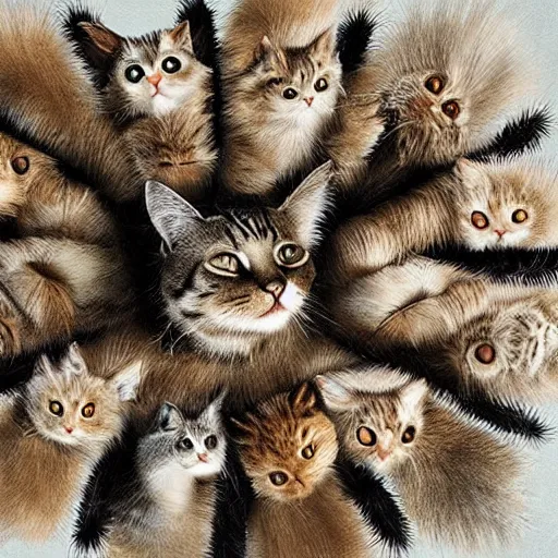 Image similar to a wheel made out of cats, realism, realistic, hyperdetailed, highly detailed, detailed fur, cute, soft