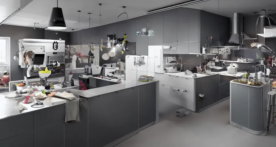 Image similar to IKEA catalogue photo of a cyberpunk kitchen on a spaceship, by Takashi Murakami