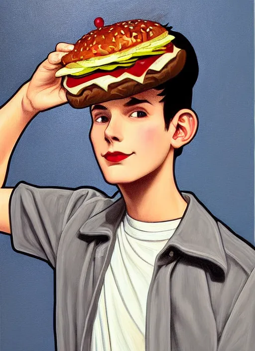 Image similar to oil painting, teenage jughead jones, wears a light grey crown, and devours a hamburger, wearing a light grey crown, intricate, elegant, closed eyes, highly detailed, pinocchio nose, lighting, painting, artstation, smooth, illustration, art by greg rutowski and alphonse mucha