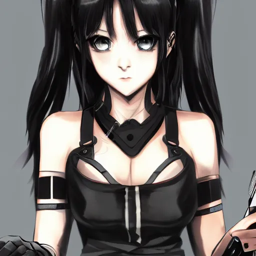 Image similar to upper body portrait of a beautiful girl with long black hair, wearing black riot gear, holding AR-15, drawn by WLOP, by Avetetsuya Studios, attractive character, colored sketch anime manga panel, trending on Artstation