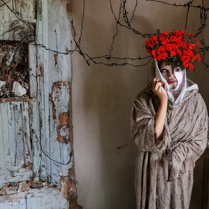 Prompt: a woman wearing a hooded cloak made of zinnias and barbed wire, in a derelict house, by Manny Librodo, natural light, detailed face, CANON Eos C300, ƒ1.8, 35mm, 8K, medium-format print