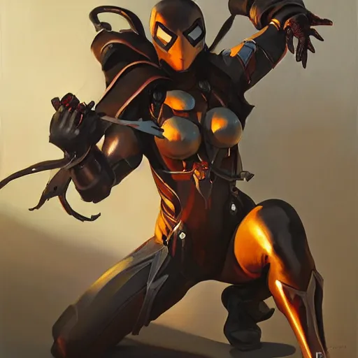 Image similar to greg manchess portrait painting of an armored dark female iron spiderman as overwatch character, medium shot, asymmetrical, profile picture, organic painting, sunny day, matte painting, bold shapes, hard edges, street art, trending on artstation, by huang guangjian, gil elvgren, ruan jia, greg rutkowski, gaston bussiere