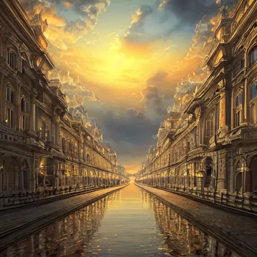 Image similar to magnificent baroque city floating in the sky, beautiful, surreal, highly detailed, sharp focus, sunset, by artgerm, cgsociety