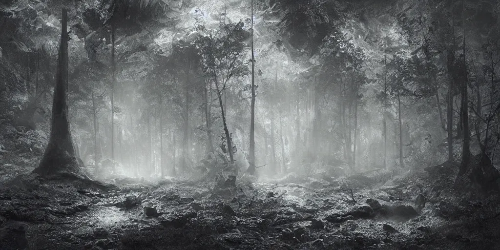 Prompt: mystical cave entrance in a rainy forest with light coming from the cave, desaturated, highly detailed, artgerm, creepy