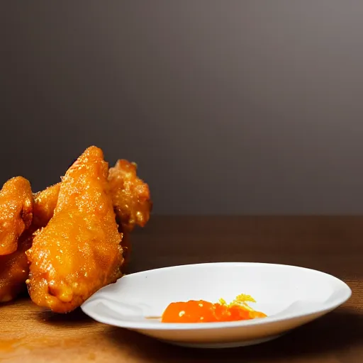 Image similar to a photograph of a fat orange cat eating fried wings, cooked to perfection, chefs table, netflix, gourmet, three michelin star, food photography