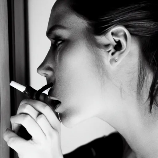 Image similar to Live Action Still of Jerma985 in a film of a beautiful model woman smoking a cigarette by the window, black and white, hyperrealistic, ultra realistic, realistic, highly detailed, epic, HD quality, 8k resolution, body and headshot, film still