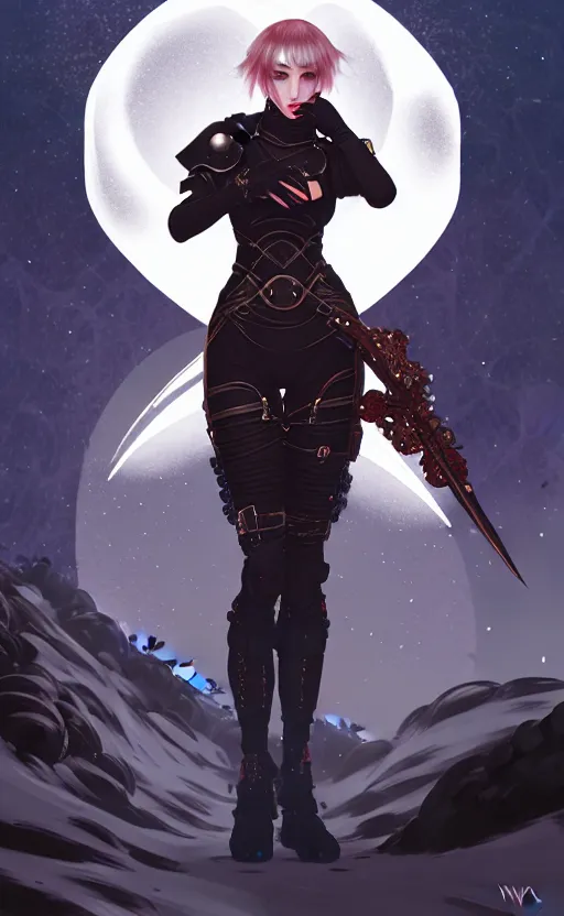 Image similar to portrait ninja gaiden girl, armored dieselpunk wardrobe, at snowy fuji mountain moonlight, ssci - fi and fantasy, intricate and beautiful and elegant, digital painting, artstation, concept art, smooth and sharp focus, illustration, art by tian zi and wlop and alphonse mucha