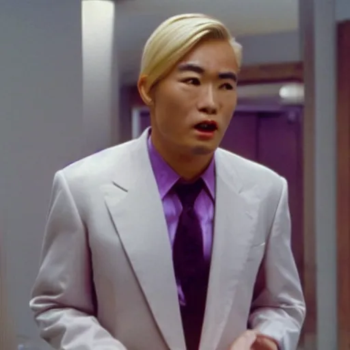 Image similar to a film still of a asian man with blonde hair wearing a purple suit in American Psycho(2000)