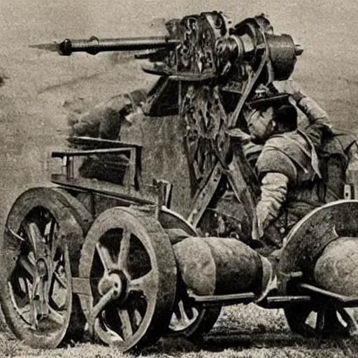 Prompt: a picture of a enormous bear pulling a towed cannon like a chariot, eastern front, historical picture