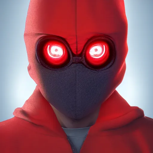 Image similar to a highly detailed headshot portrait of a man wearing a balaclava with a hoodie with glowing red eyes concept art