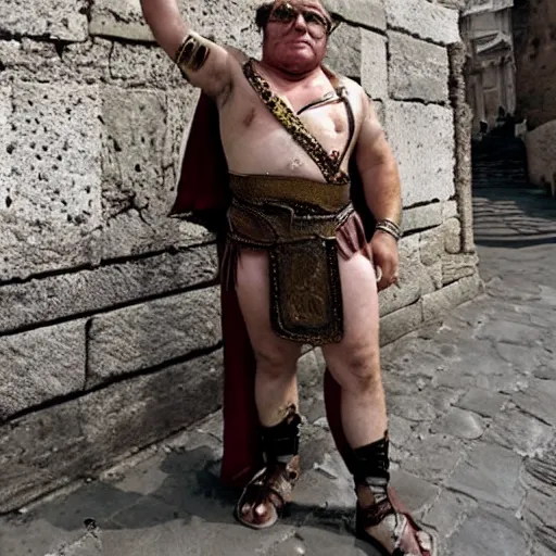 Image similar to Danny DeVito dressed as a gladiator in the streets of Ancient Rome