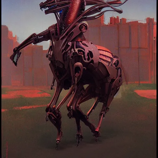 Prompt: carnivorous cyborg horse, by c. leyendecker, degas, simon stalenhag, studio ghibli, barlowe, audobon and beksinski