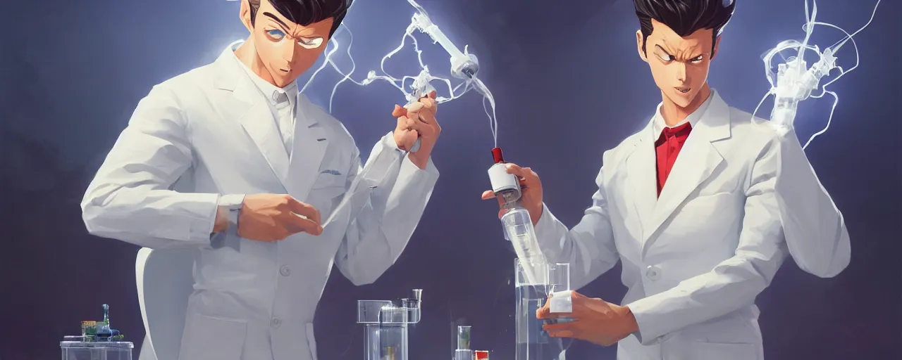 Prompt: stoic heroic emotionless butch young man scientist with short slicked - back hair, making an experiment - wearing white suit, wearing jetpack, digital art, rough paper, behance hd by jesper ejsing, by rhads, makoto shinkai and lois van baarle, ilya kuvshinov, rossdraws global illumination.