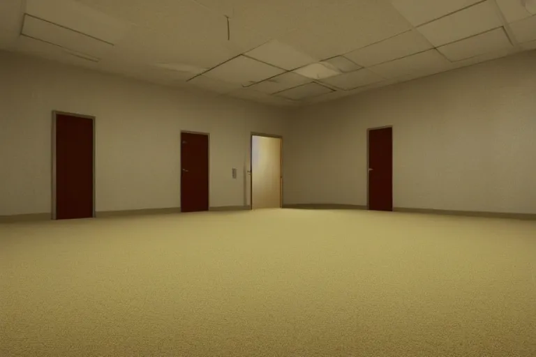 Image similar to 3 d render of jerma 9 8 5, jerma in endless halls of empty office space with worn light mono - yellow 7 0 s wallpaper, old moist carpet, and inconsistently - placed fluorescent lighting | liminal space | non - euclidean space | high octane | blender | 3 d render