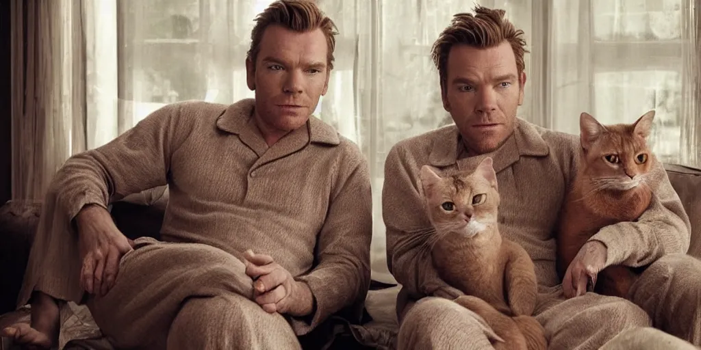 Prompt: ewan mcgregor is dressed to a pajamas. he is sitting on a sofa. on his lap is a brown cat. elegant. nice. epic scene. charismatic. light from window