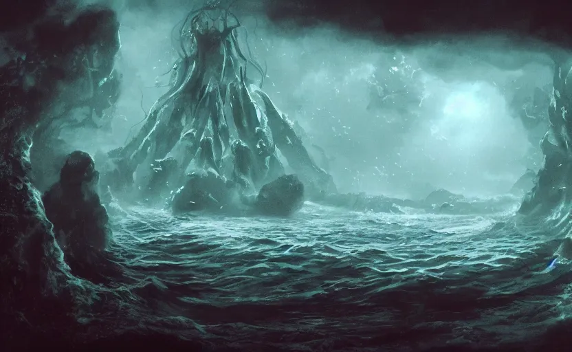 Prompt: cthulhu underwater looking up. matte painting.