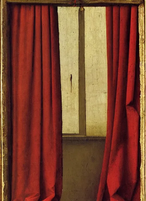 Image similar to red curtain, medieval painting by jan van eyck, johannes vermeer, florence