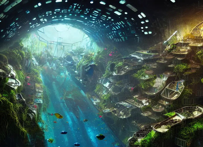 Image similar to overgrown favela spaceship cathedral, underwater environment, scenery, professional, award - winning, trending on artstation, hyper detailed, realistic, beautiful, emotional, shiny, colorful, picture