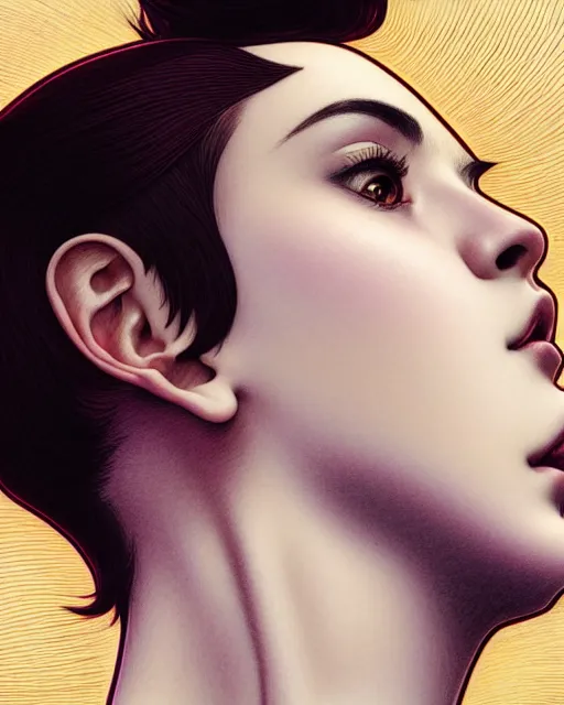 Image similar to ' bored woman with short hair ', closeup shot of face, beautiful shadowing, 3 d shadowing, reflective surfaces, illustrated completely, 8 k beautifully detailed pencil illustration, extremely hyper - detailed pencil illustration, intricate, epic composition, masterpiece, bold complimentary colors. stunning masterfully illustrated by artgerm, range murata, alphonse mucha, katsuhiro otomo.