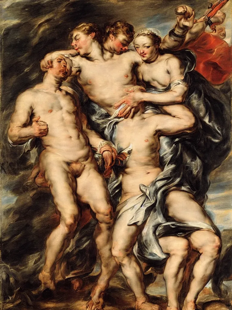Image similar to a soldier lays his hand on top of the queens head, by peter paul rubens and eugene delacroix, intimate, relaxed posture, high definition, delicate, dimly lit, private moment