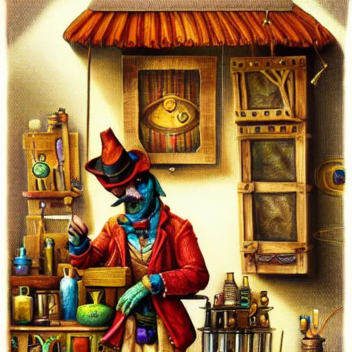 Image similar to Anthropomorphized parrot trader in his shop, selling his wares, portrait, items, magic potions, carpet, window, fancy hat, sly expression , cunning expression, cute expression, D&D, fantasy, cinematic lighting, highly detailed, digital painting, artstation, concept art, smooth, sharp focus, illustration, warm light, cozy warm tint, magic the gathering artwork, volumetric lighting, 8k, art by Akihiko Yoshida, Greg Rutkowski