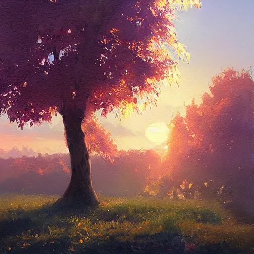 Image similar to a beautiful painting by banska stiavnica nature in sunset, beautiful fruit tree, translucent peach, backlit leaves by greg rutkowski and james gurney, artstation